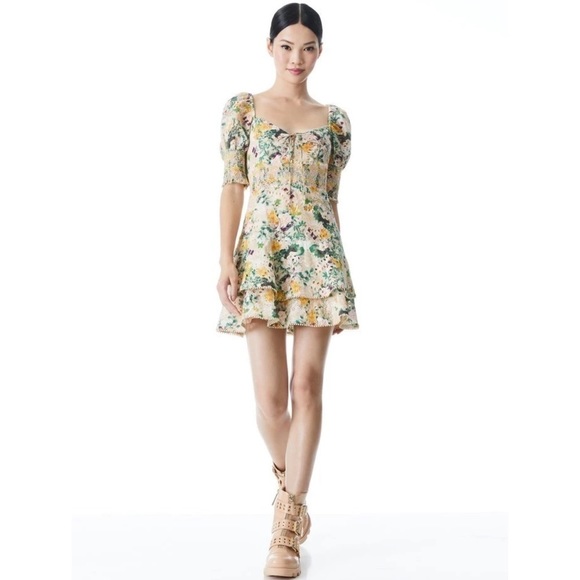 Alice And Olivia Crawford Sweetheart Tiered Floral Mini Dress Romance Almond - Picture 1 of 6